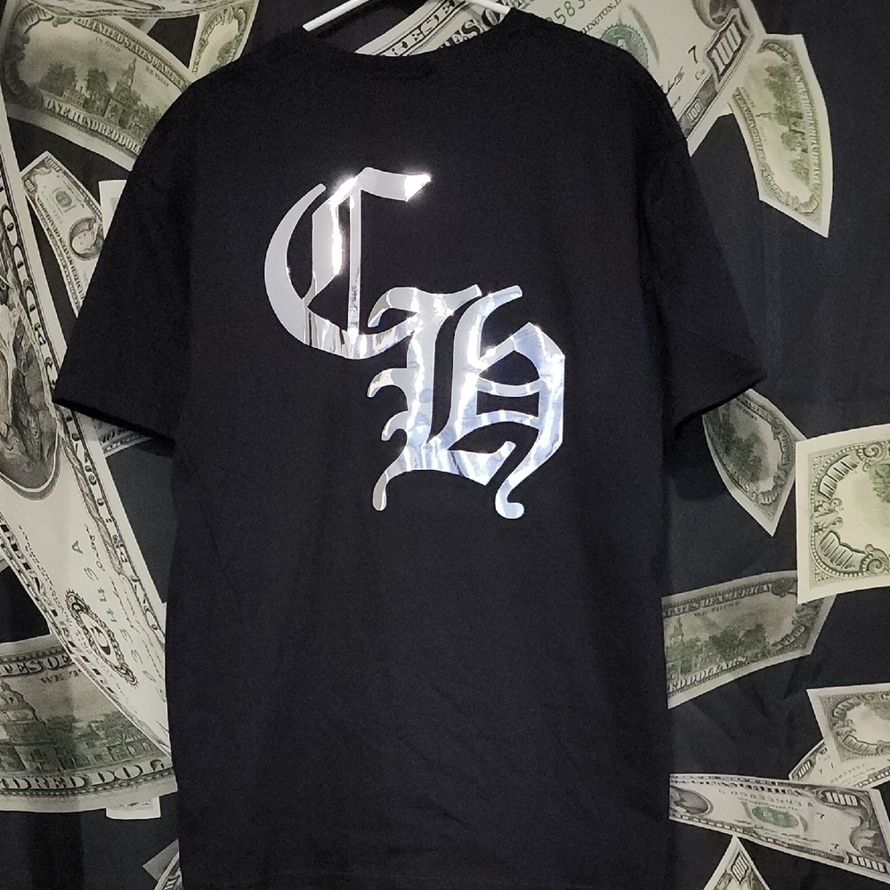 Black Men's Graphic Tee with Silver Reflective Gothic Logo